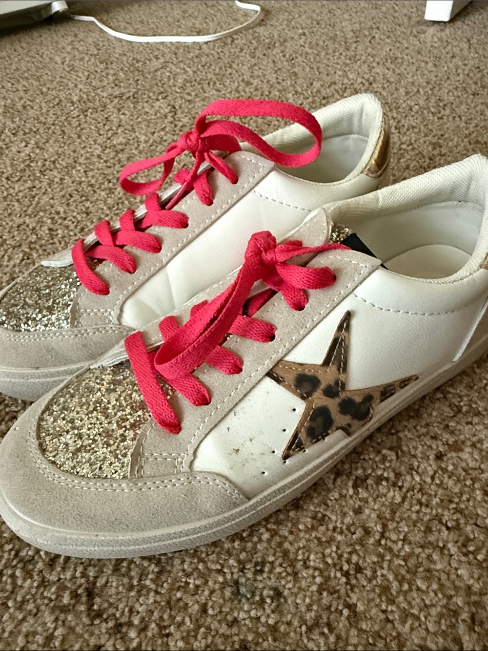 White & Silver Glitter Leopard Star Sneakers with Pink Laces